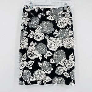 Banana Republic Size 0 Black & Silver Floral Print Midi Pencil Skirt Career